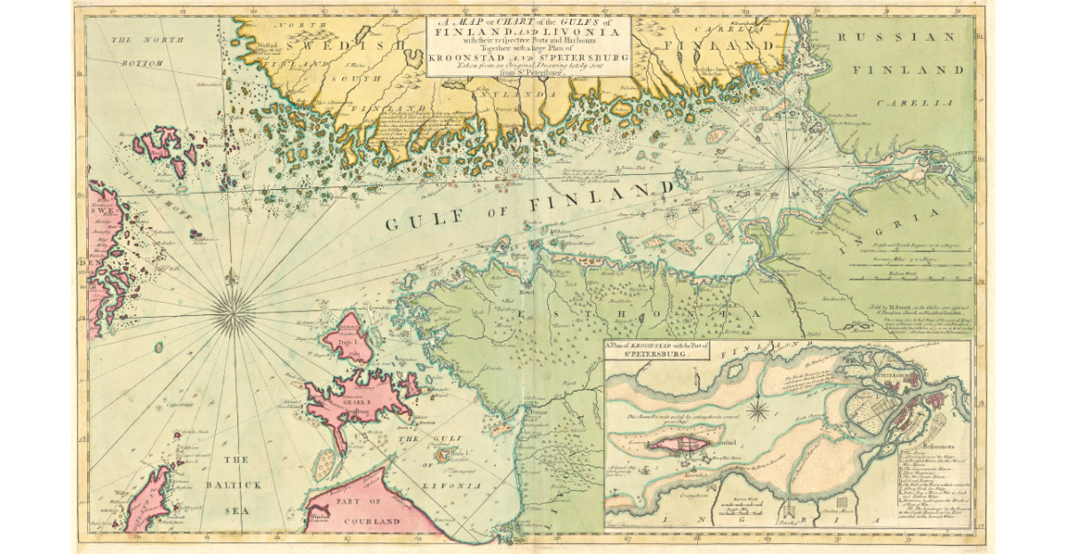 Kuva vanhasta kartasta jossa näkyy Suomenlahti