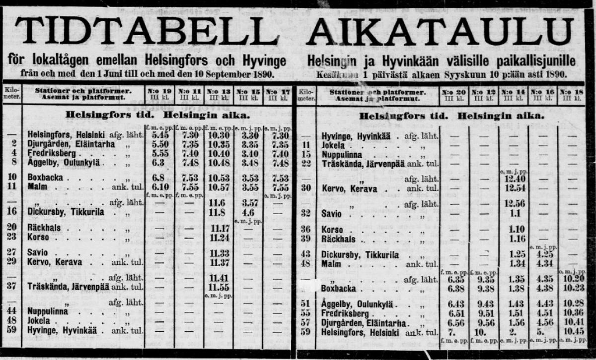 En tågtabell för lokaltågen mellan Helsingfors och Hyvinge från och med 10.9.1890.