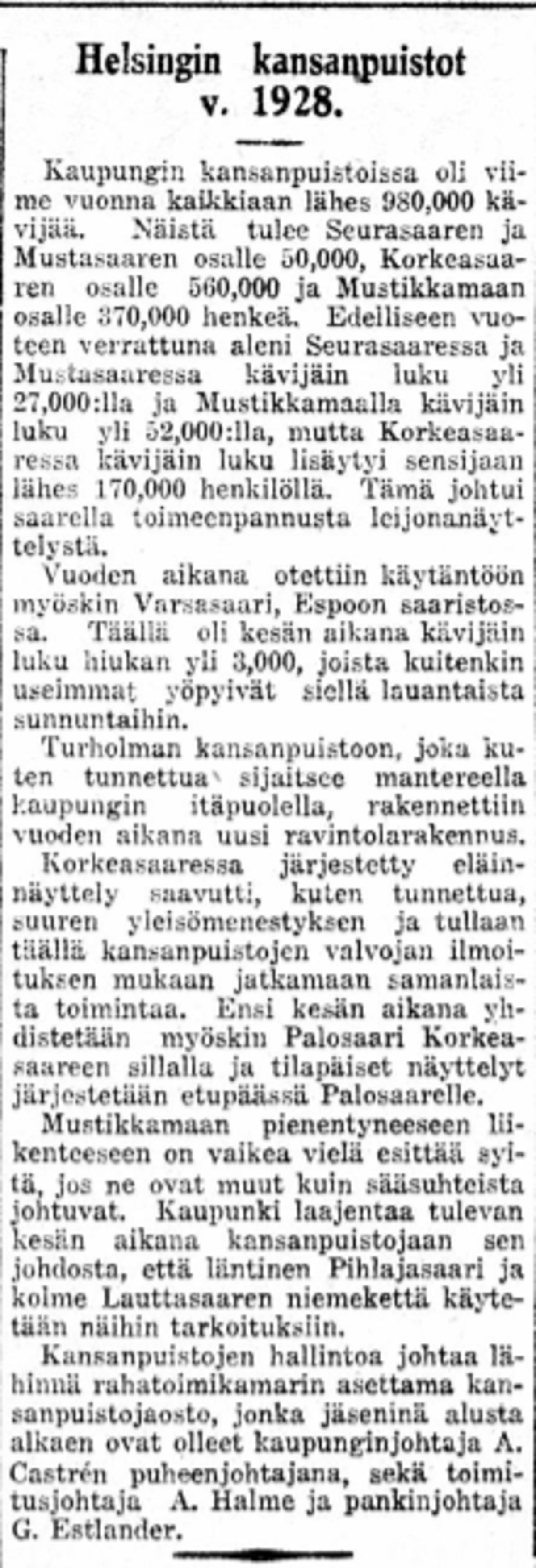 Helsingin Sanomat uutisoi kansanpuistojen suuresta suosiosta 24.4.1929. 