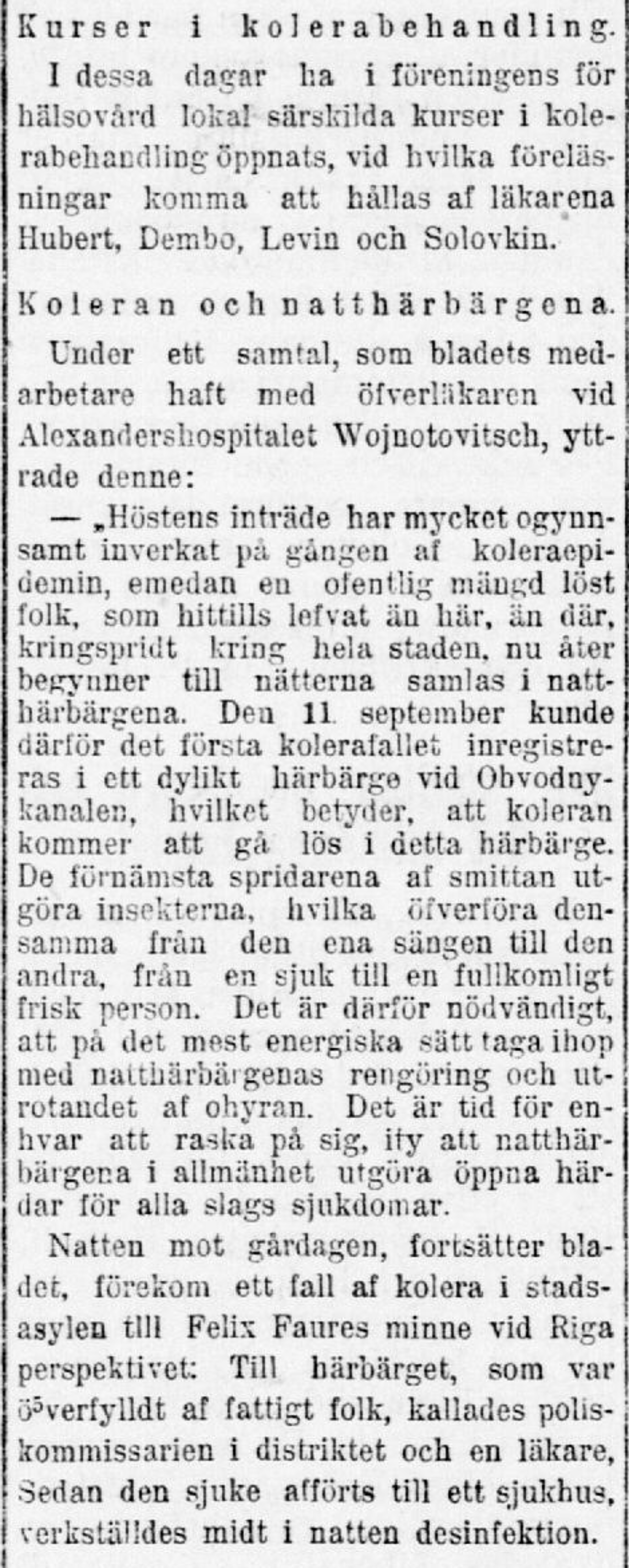 Utdrag ur längre artikel om hanteringen av kolera i Hbl 14.9.1918, s. 5