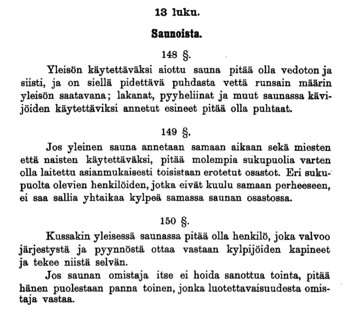 Kunnallisen asetuskokoelman yleisiä saunoja koskeva teksti, luku 13, vuodelta 1911