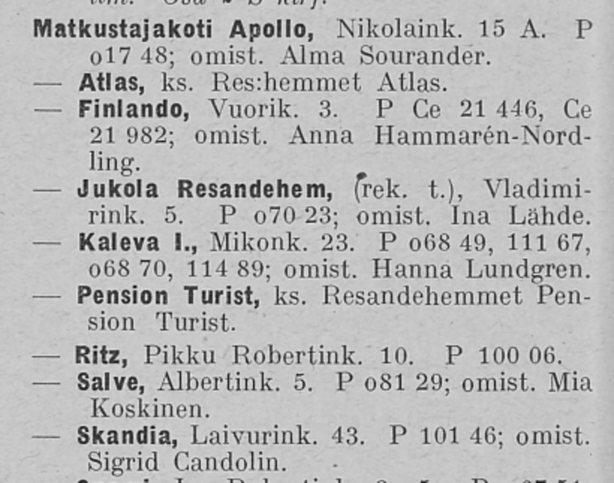 Kuvakaappaus Helsingin ja ympäristö osoite- ja ammattikalenterista 1924