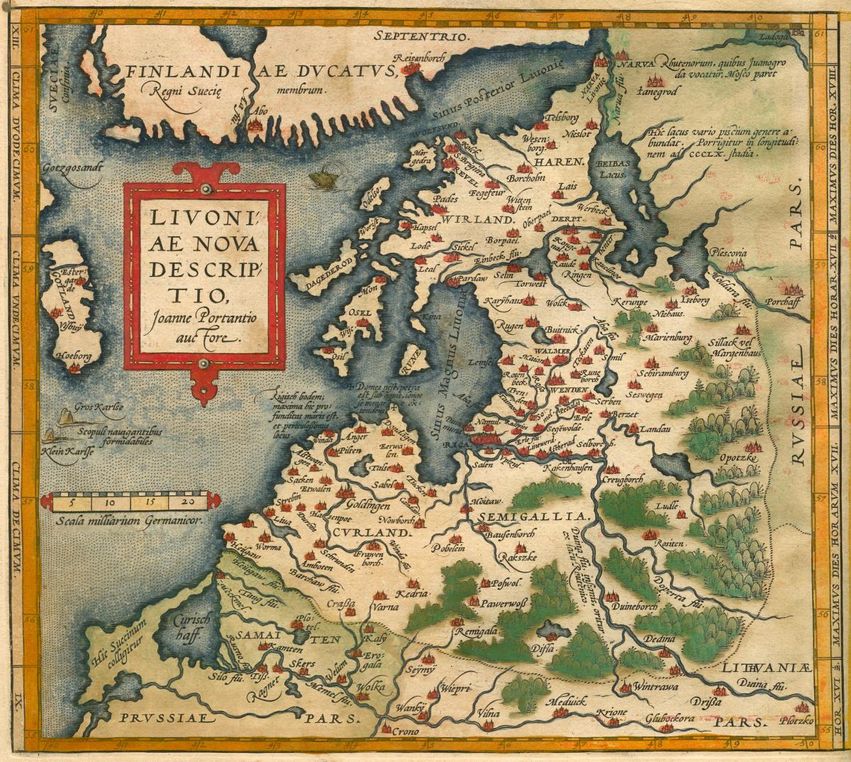 Vanha kartta Itämeren eteläosista. Siinä näkyy monia Baltian kaupunkeja, Suomesta vain Turku ja Raasepori.