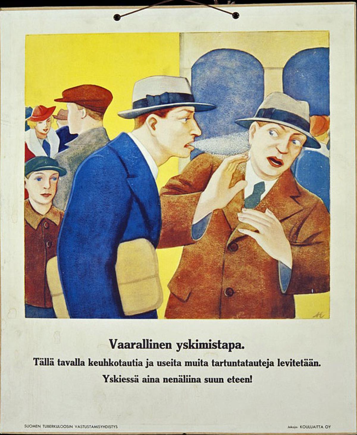 Opetusjuliste, jossa mies yskii toisen päälle.