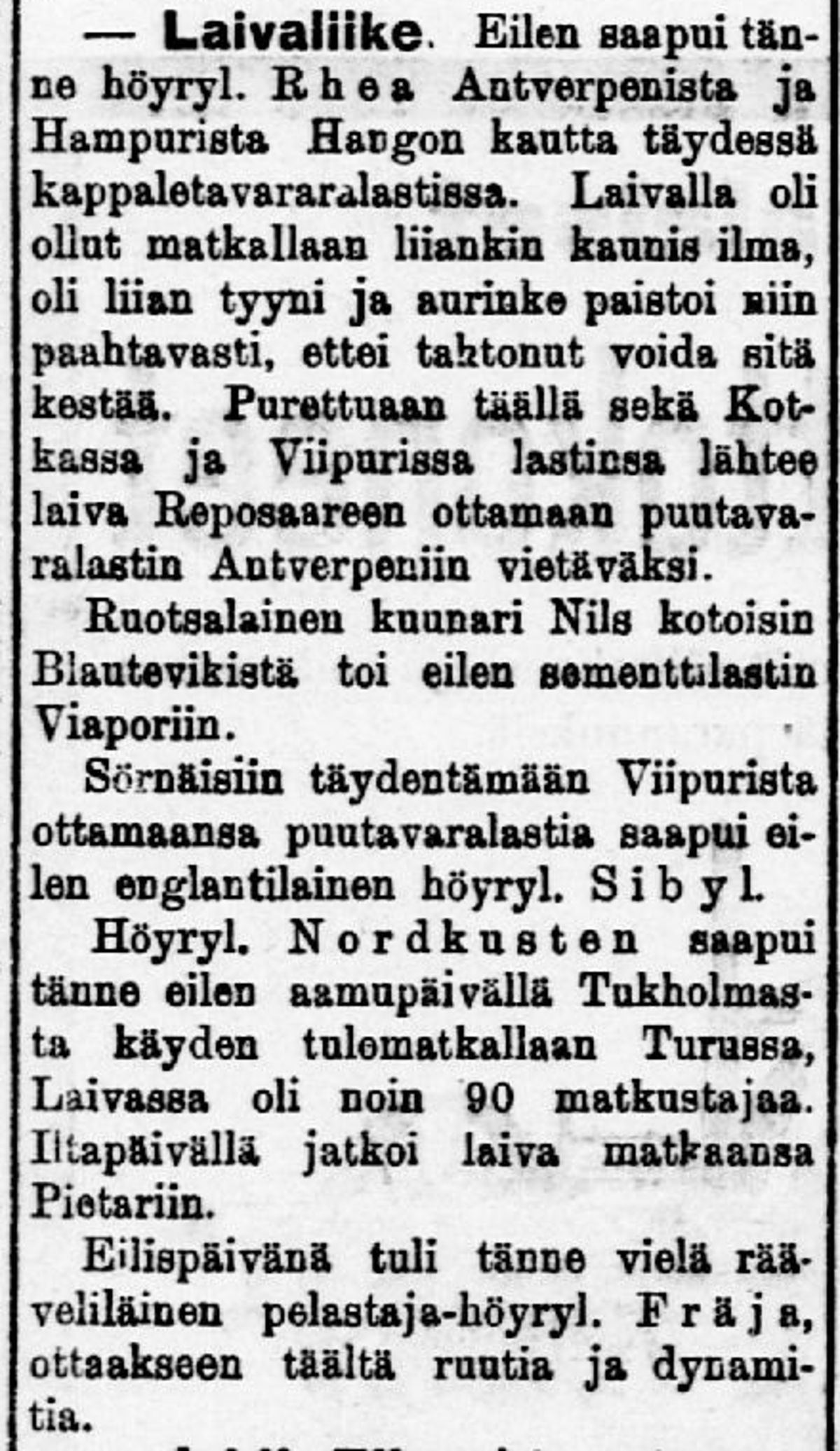 Lyhyitä uutisia laivaliikenteestä 14.7.1899