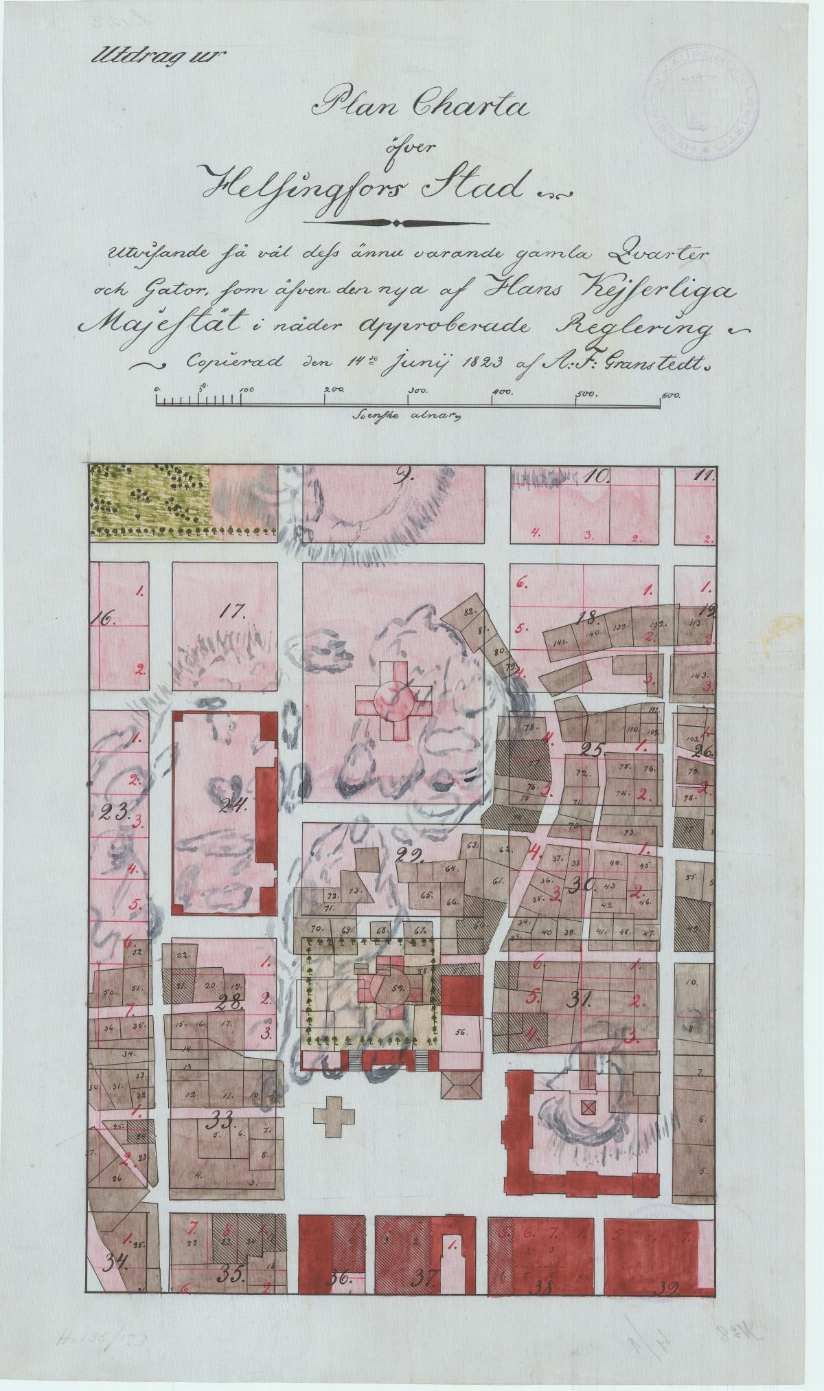 A map of the Kruununhaka district from 1820. The new wider streets and city blocks designed in the new grid plan are drawn in pink on top of the former streets and blocks. The finished areas of the new city plan are marked in dark red. Three church buildings are marked on the map with a cross: Ulrika Eleonora's church on the Senate Square, The Church of St. Nicholas north of the square, and further north a large Orthodox church that was ultimately not built. Instead, a smaller Orthodox church –– the Holy Trinity Church –– was built on the northside of St. Nicholas’s Church, facing the University Library. 
A. F. Granstedt: Plan Charta Över Helsingfors Stad Utvisande Så Väl Dess Ännu Varande Gamla Qvarter Och Gator. Sinetti archive, Helsinki City Archives. 
 Photo: Helsinki City Archives
