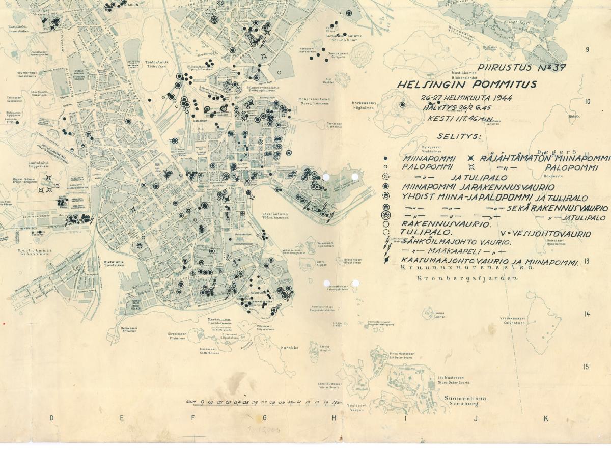 Kartta Helsingin pommituksesta 26.-27.2.1944. Lähde: Ilmatorjuntamuseo Kuvaaja: Ilmatorjuntamuseo