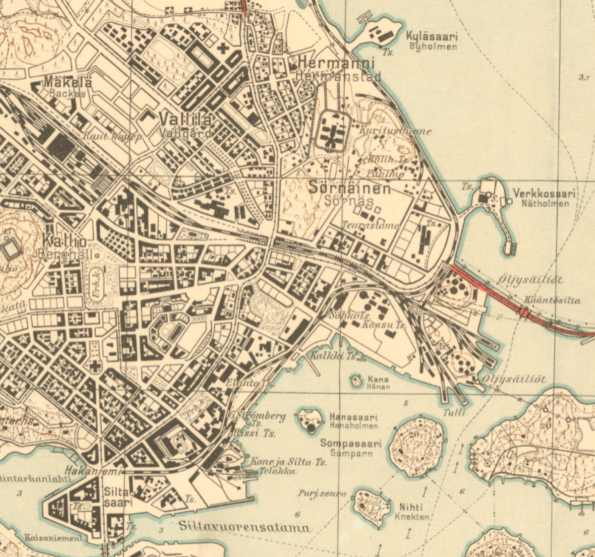 Sörnäs karta från 1932 visar hur byggandet och markutfyllnaderna har framskridit.