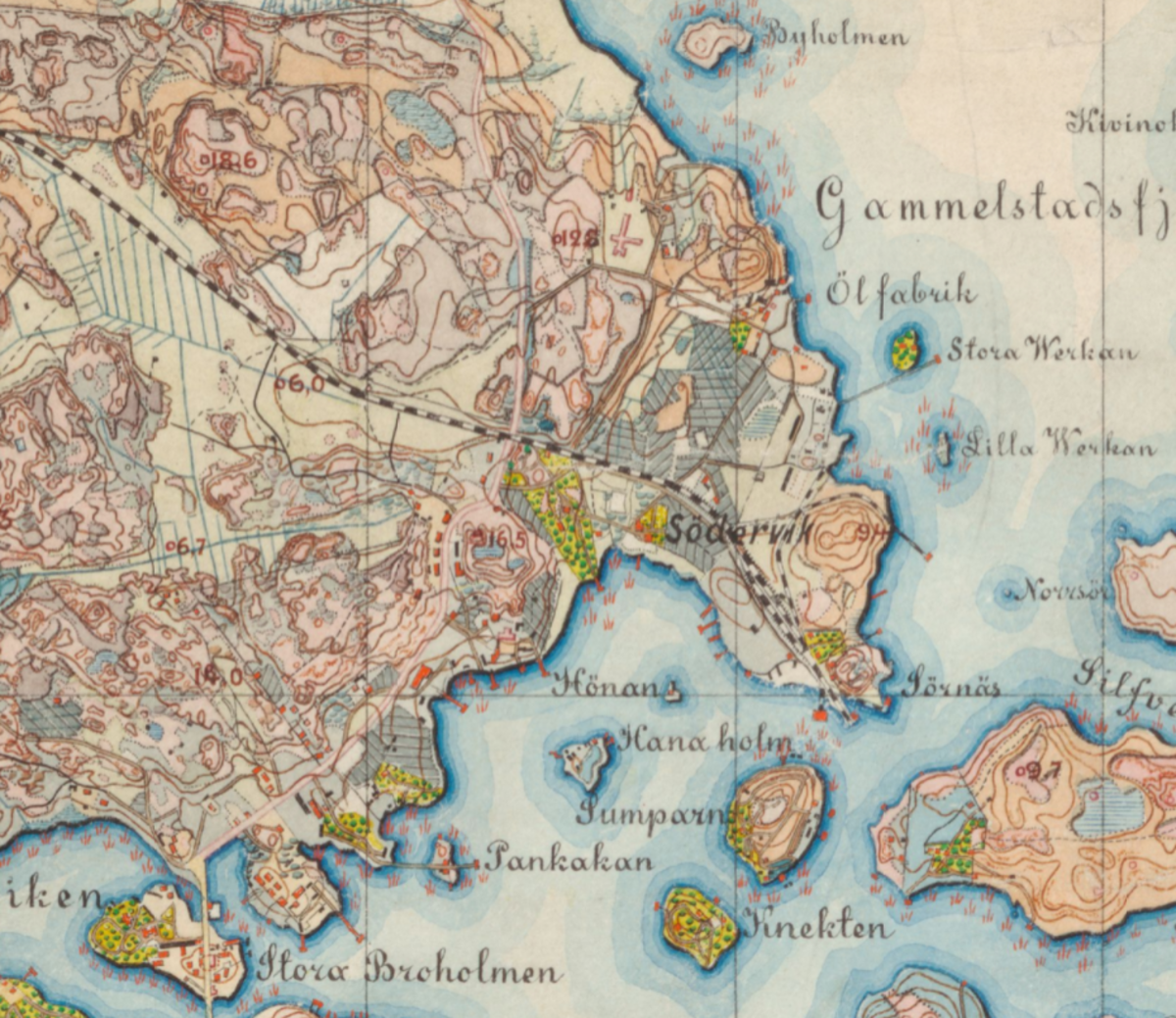 Piirretyssä kartassa näkyy nykyinen Sörnäinen viereisine kaupunginosineen vuonna 1872. Seutu on rakentamatonta ja kallioista.