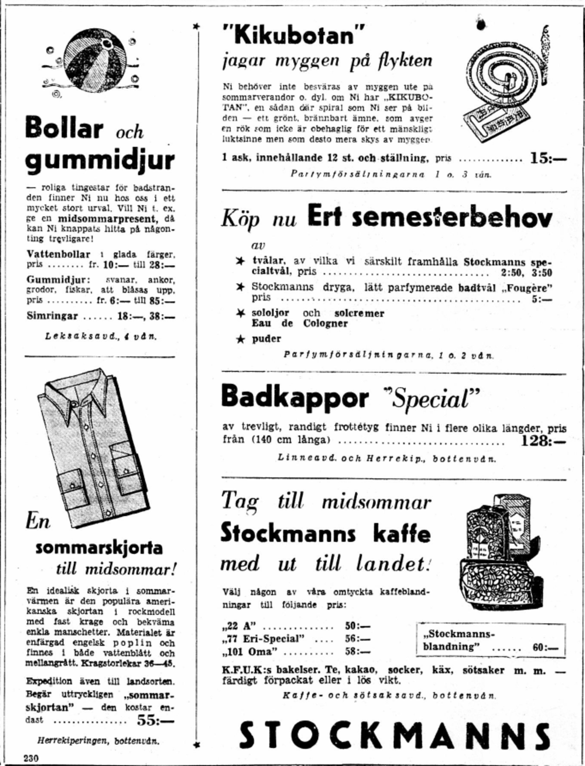 Stockmanns varuhus annons erbjuder bollar och gummidjur, badkappor, sommarskjortor, kaffe och "Kikubotan" mot myggor