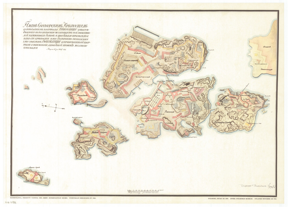 Venäjänkielinen Suomenlinnan kartta vuodelta 1809.