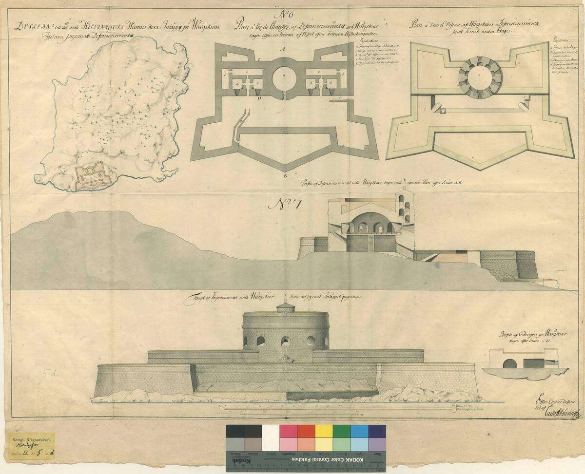 En ritning som föreställer den tilltänkta fästningens placering på ön samt fästningen från sidorna och från ovan.