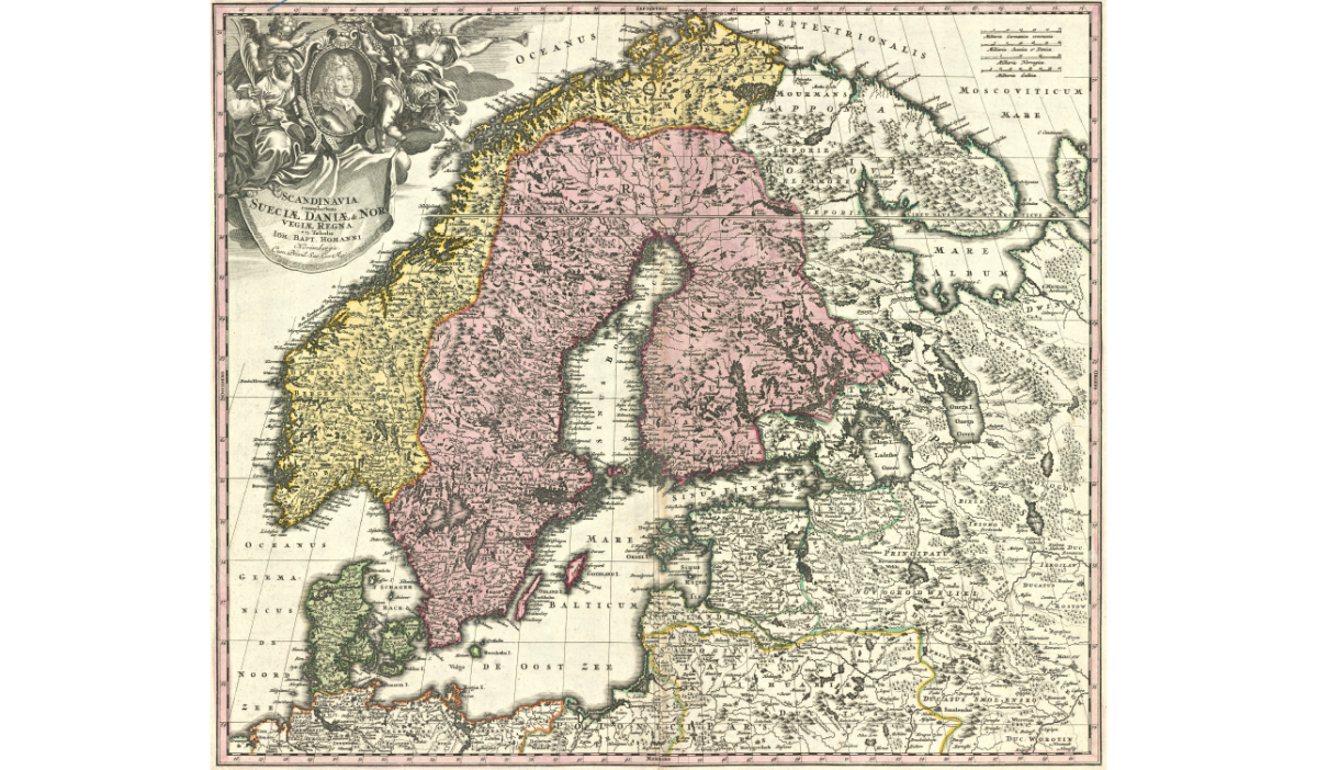 An old map of Scandinavia. In the east, the border of the Swedish Empire extended to the Kymijoki River.