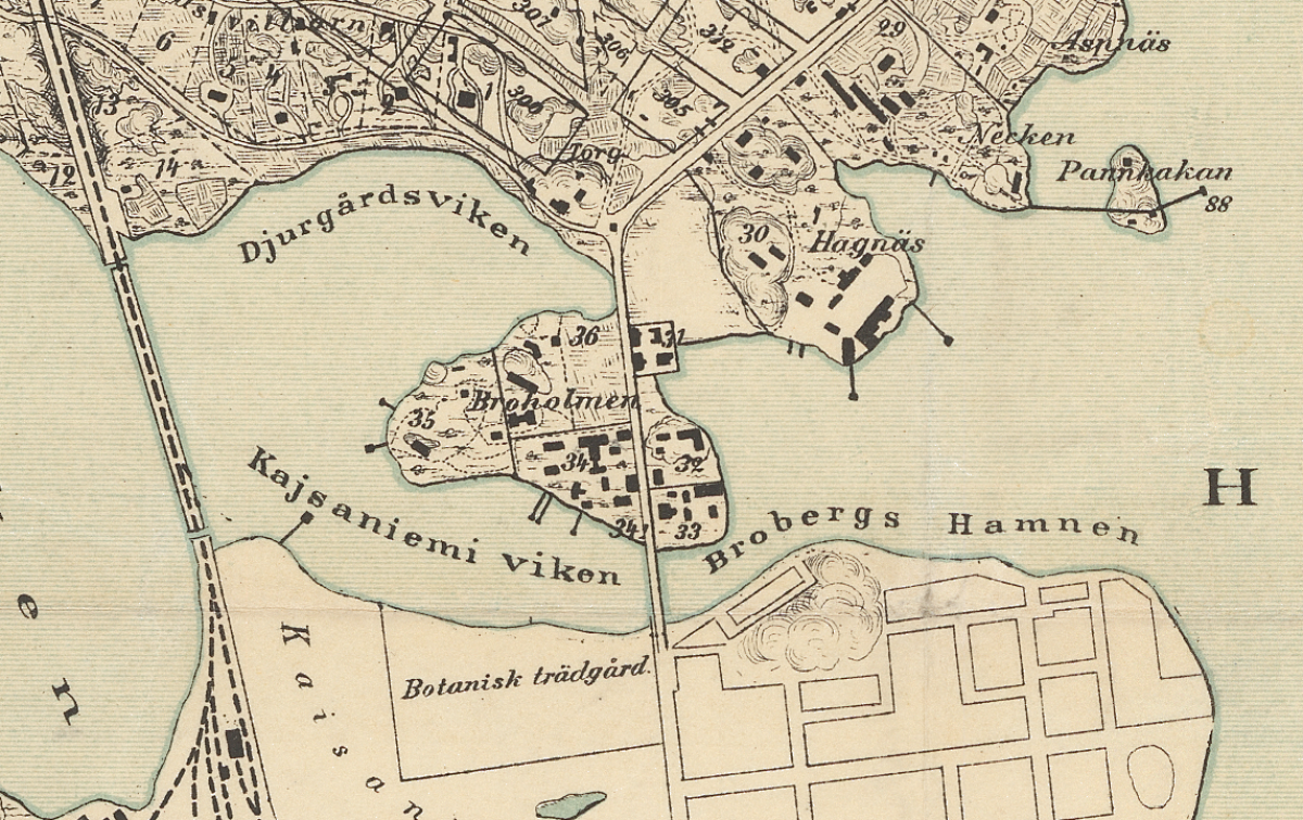 Helsingin kartta vuodelta 1888, joka on rajattu Hakaniemen alueeseen. Kartassa Siltasaaren ja Hakaniemen välinen salmi on täytetty.