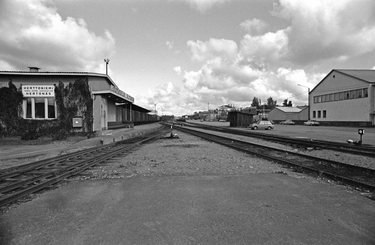 Hertonäs godsstation på 1970-talet. Järnvägen löper längs ett jämnt sandfält som omges på båda sidor av låga magasinbyggnader.