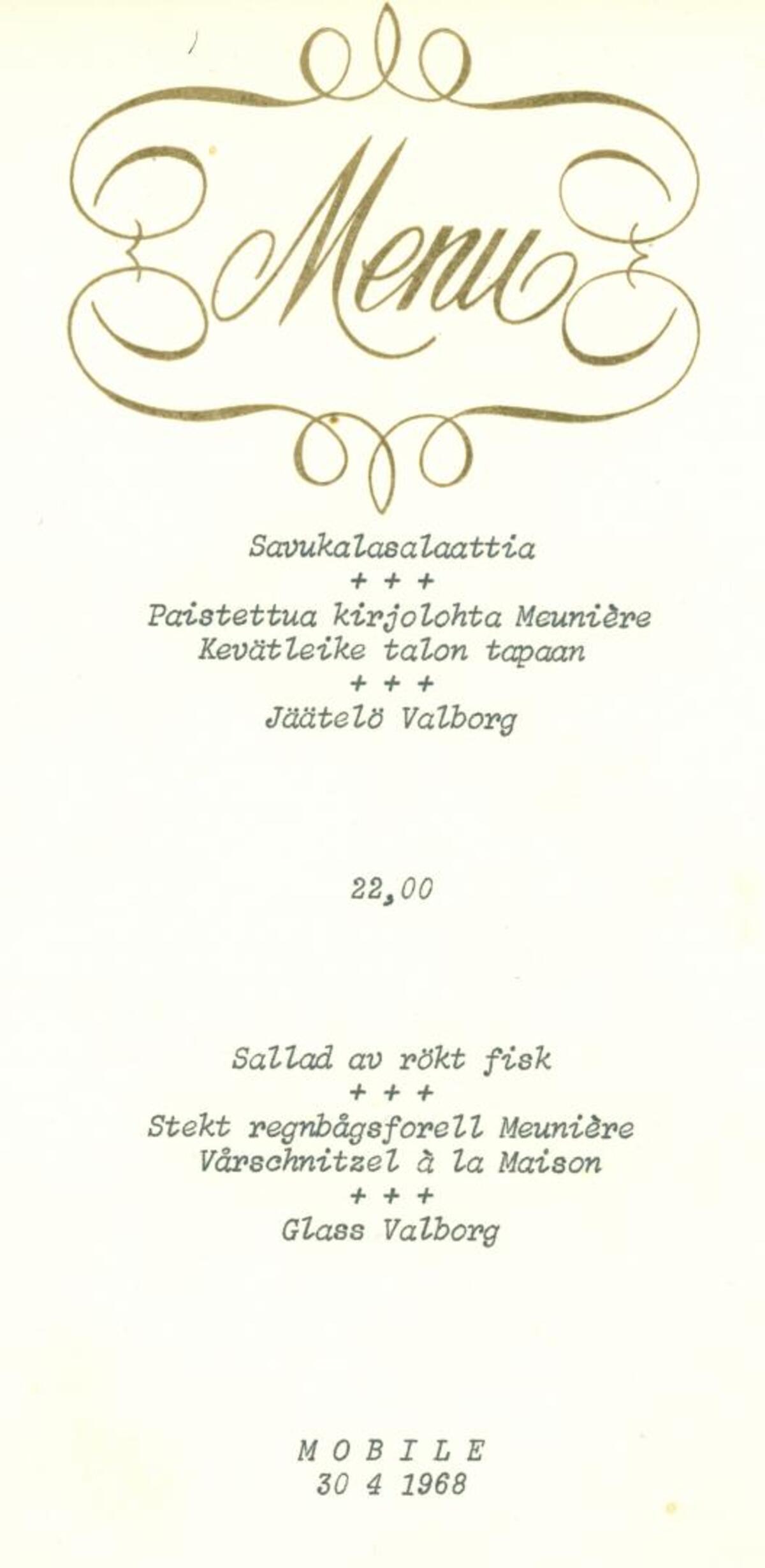 Restaurang Mobiles meny 30.4.1968