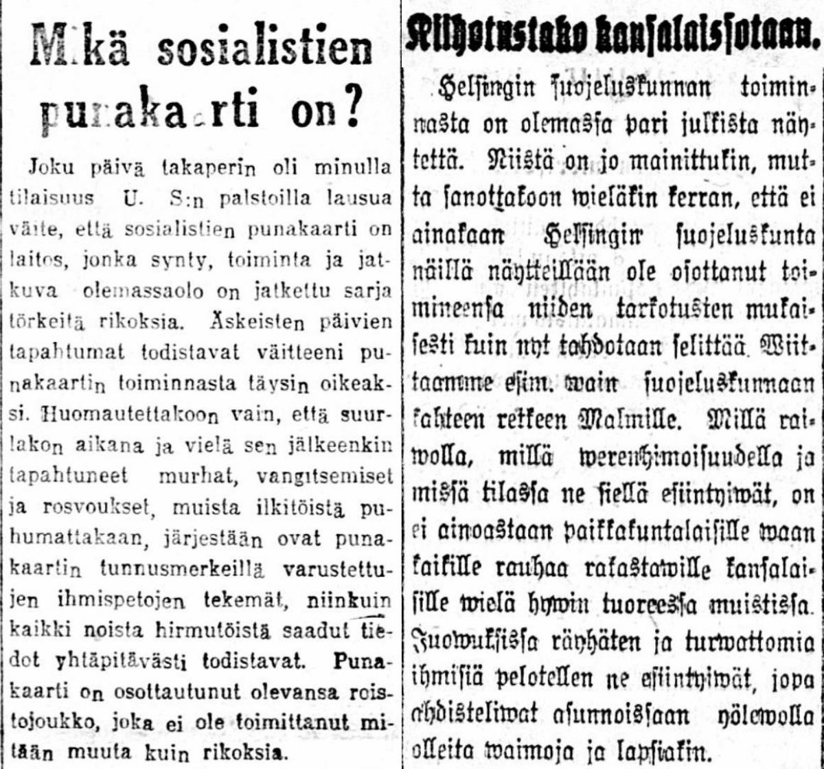 Kaksi lehtileikettä, joista toisessa kritisoidaan työväen punakaartien, toisessa suojeluskuntien toimintaa vuonna 1917.