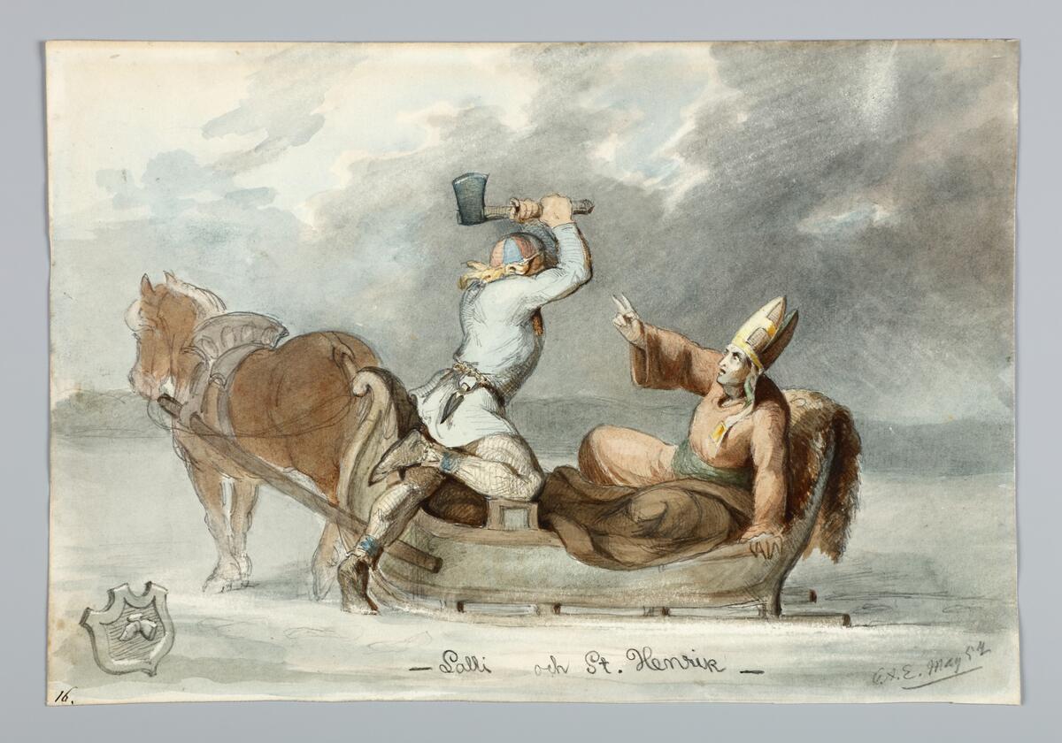 Akvarellen visar en häst med släde. I släden sitter en man som höjer högra handen mot en man som står med en yxa som han höjt med båda händerna