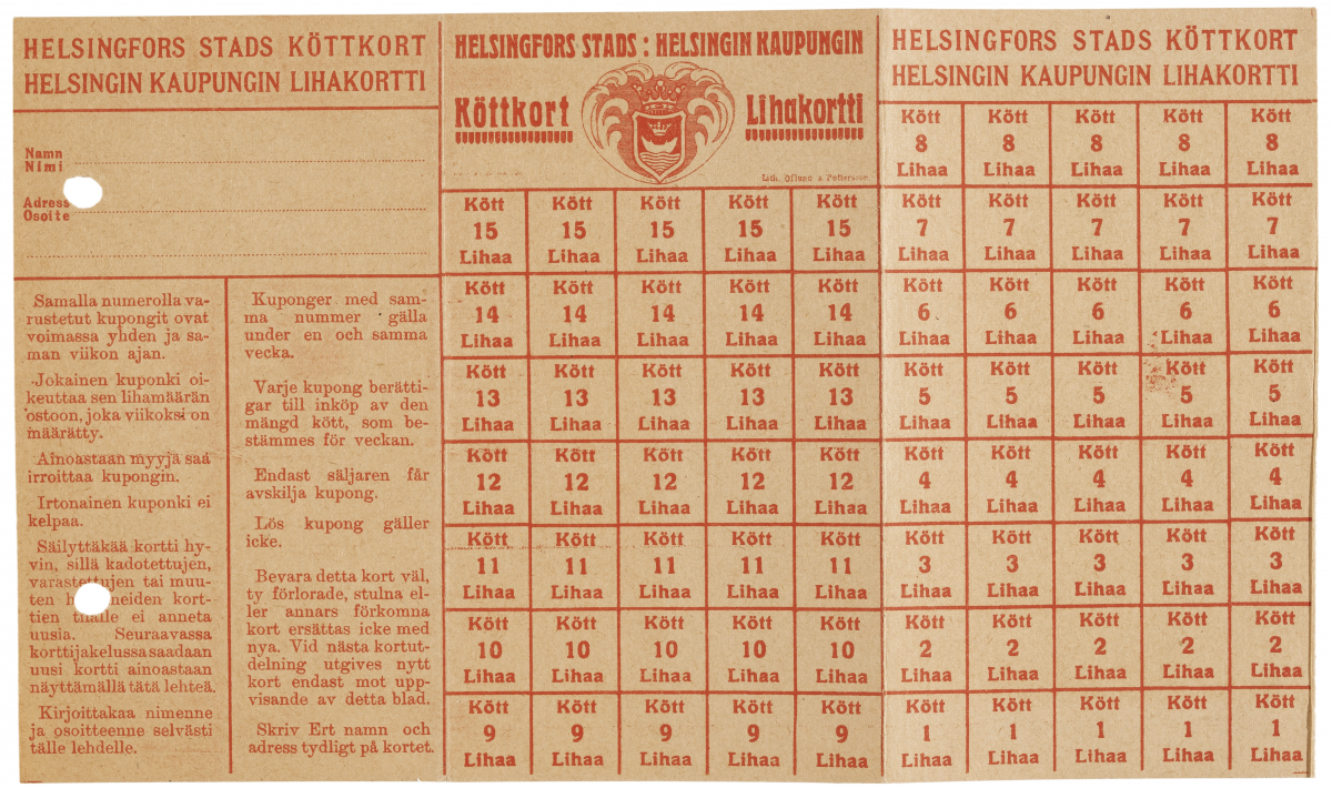En del av ransoneringen år 1917: köttkort beviljat av staden. 