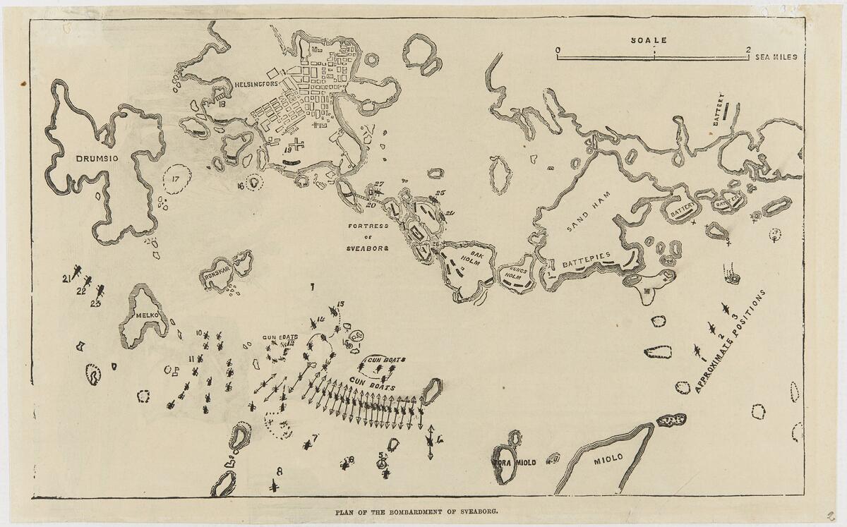 Kartta joka kuvaa Viaporin pommitusta Krimin sodassa. Karttaan on merkitty hyökkäävän ranskalais-englantilaisen laivasto-osaston vahvuus ja sijainnit.