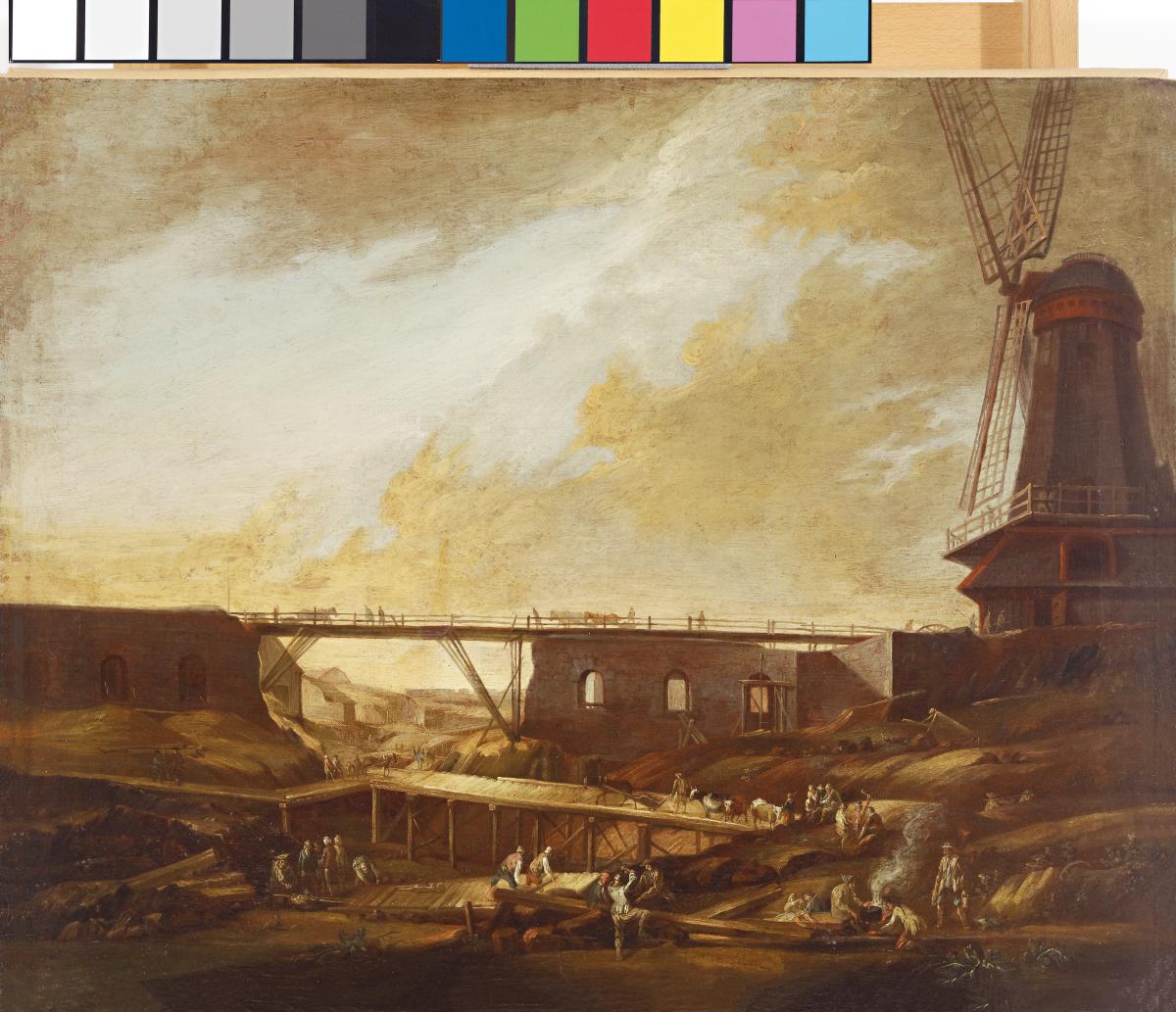 Målningen föreställer en vindkvarn som reser sig över klippor
