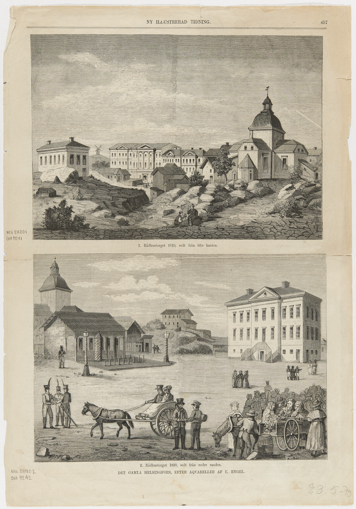 Uudelleenpainate Carl Ludvig Engelin kahdesta piirroksesta, joissa kuvattu Helsingin Suurtoria (nykyistä Senaatintoria) 1810-luvulla.