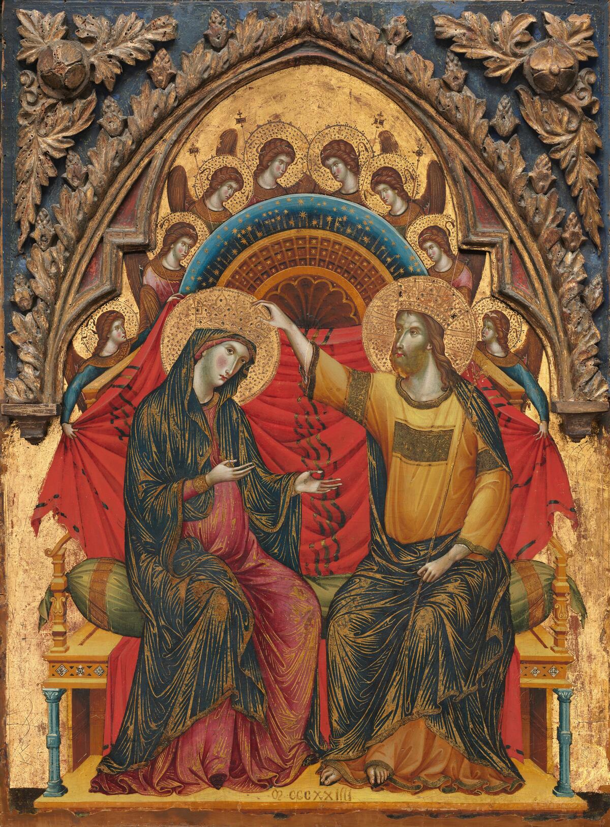 En dekorativ målning med förgyld bakgrund. I mitten sitter en kvinna och en man som bär glorialiknande kronor på huvudet. Mannen håller sin hand mot kvinnans krona.