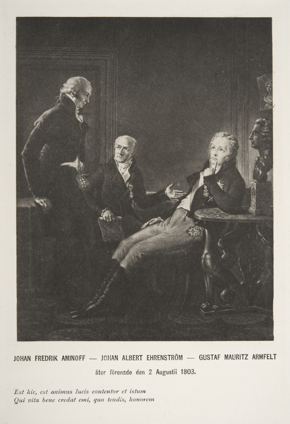 Piirros kolmesta "kustaviaanista": J.F. Aminoff, J.A. Ehrenström ja G.M. Armfelt keskusteluun syventyneenä.