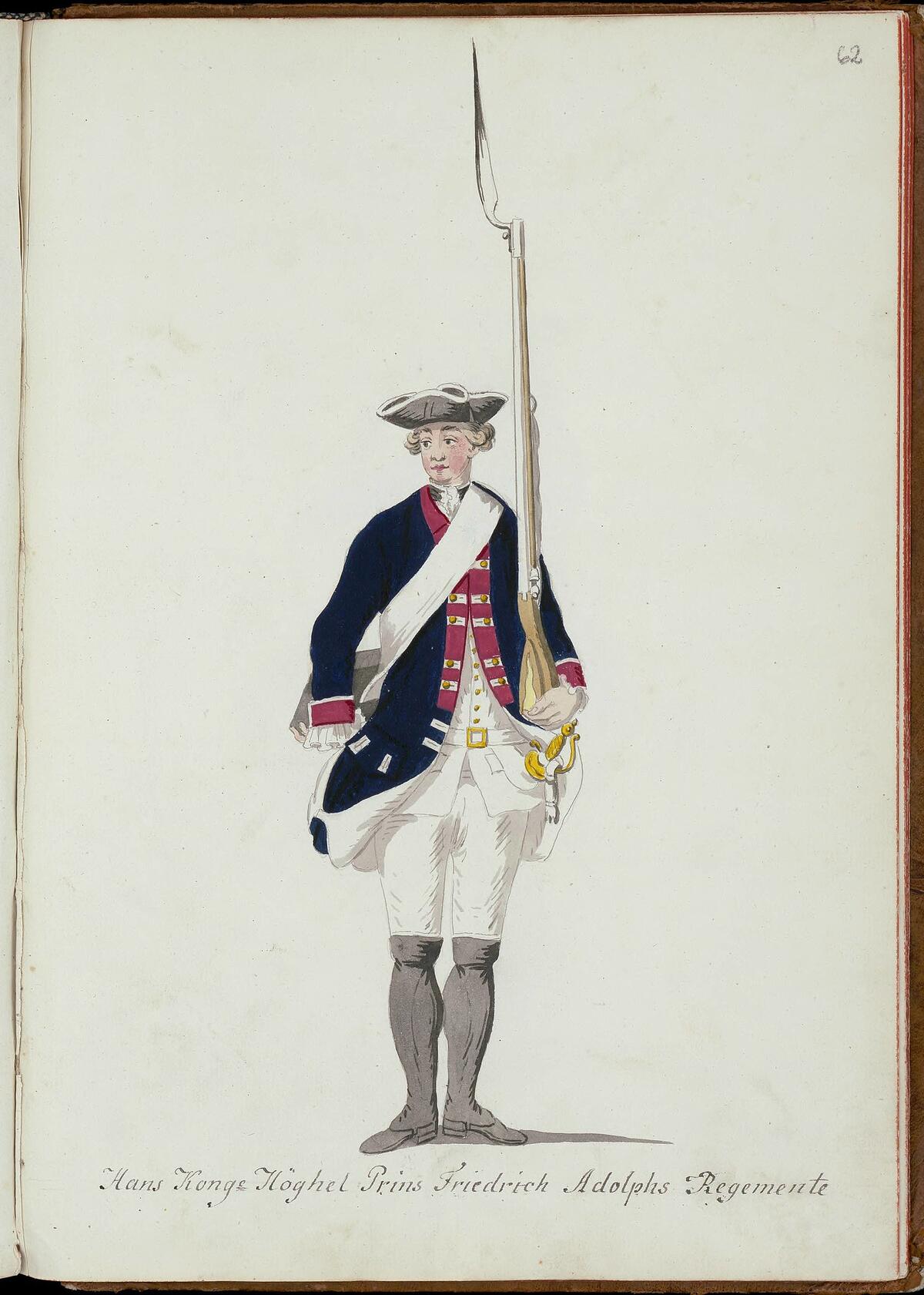 Kuvan univormu on Prinssi Fredrik Adolfin rykmentin sotilaan univormu mallia 1765, jollaisen osia Anna Catharina panttasi.  Kuvaaja: Riksarkivet, Tukholma