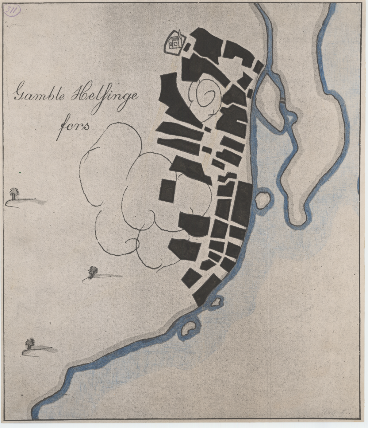 Kartta Helsingin vanhasta kaupungista vuodelta 1640, johon on merkitty rakennukset korttelin tarkkuudella.